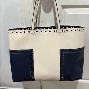 Tory Burch Cream and Navy Perforated Tote